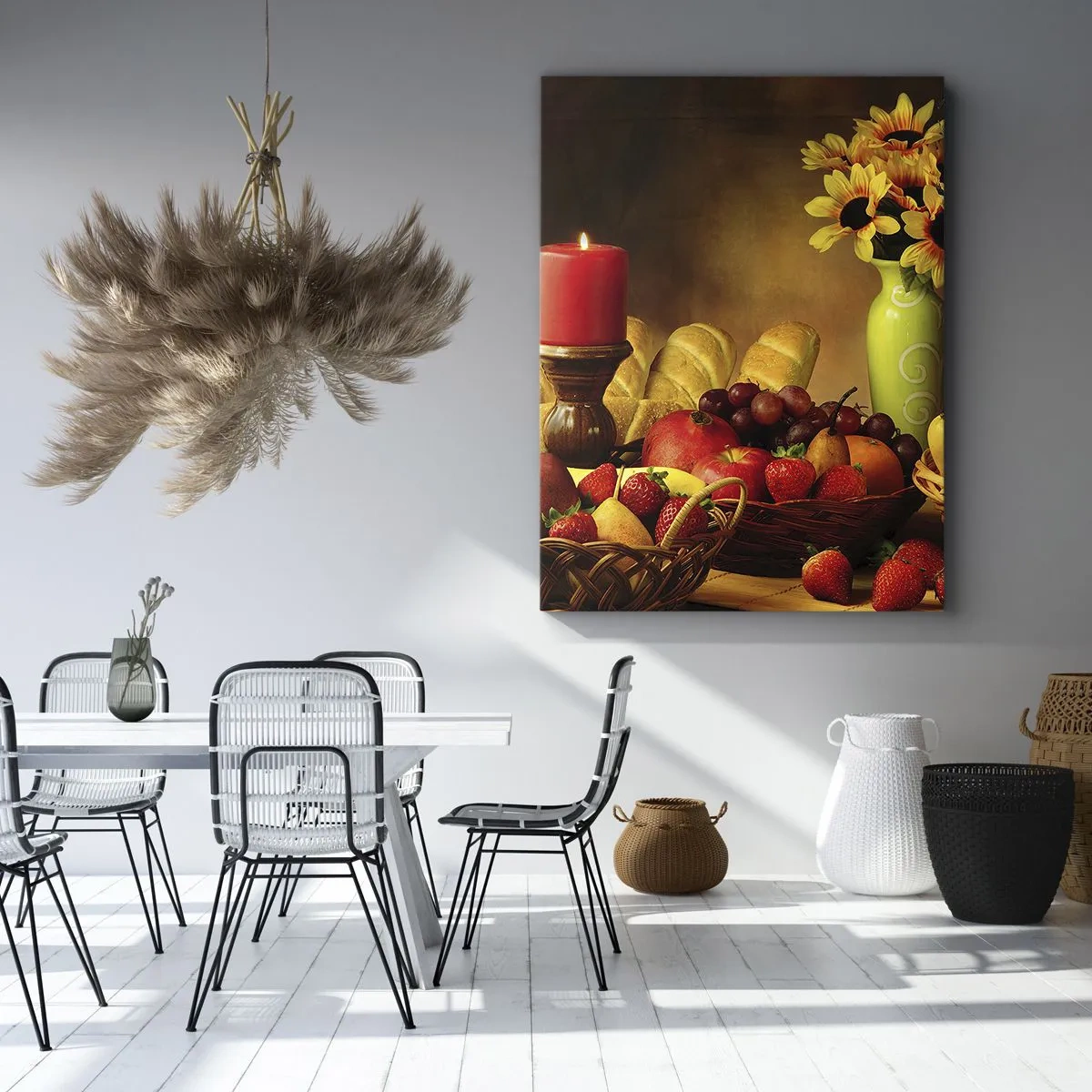 Bild auf Leinwand - Leinwandbild - Stillleben mit Brot und Obst - 65x120 cm