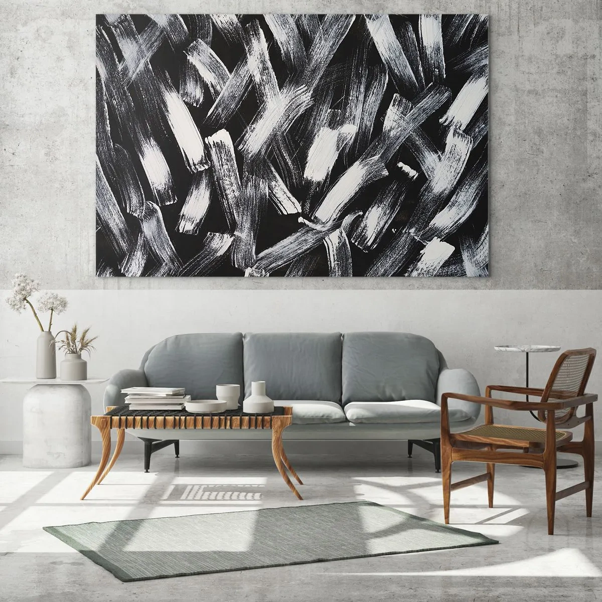 Glasbild - Bild auf glas - Schwarz-weiße Abstraktion von Pinselstrichen auf dunklem Hintergrund - 120x80cm - Abstraktion im industriellen Geist - Moderne Wanddekoration für Wohnzimmer und Schlafzimmer ARTTOR