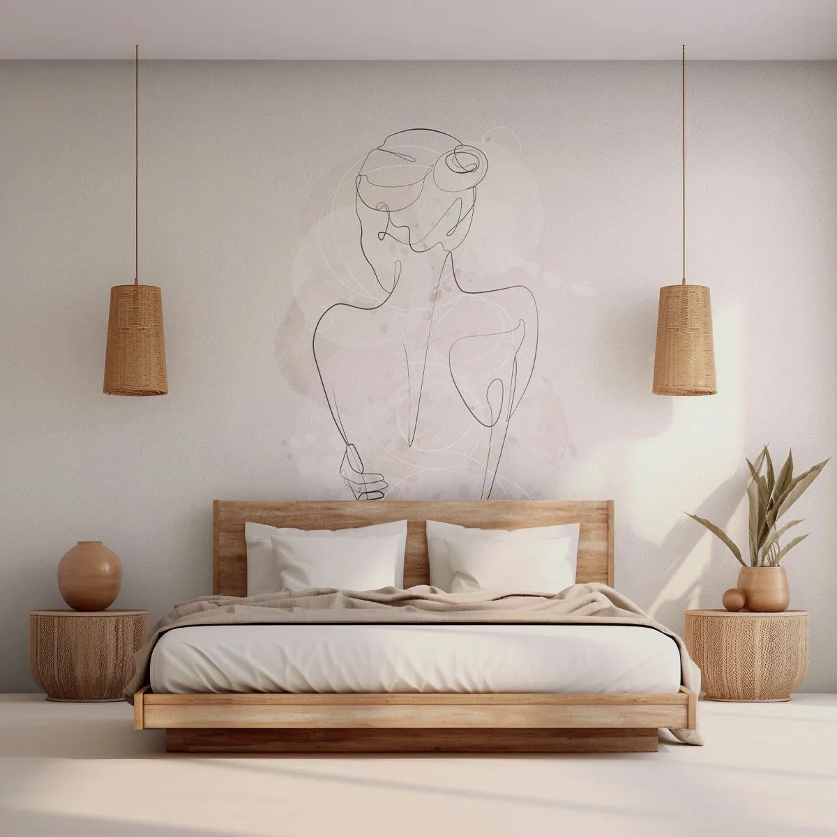 Fototapete Premium Sand - Eine zarte Skizze einer weiblichen Silhouette auf hellem Hintergrund - 100x70cm - Wie ein sensibles Instrument - Moderne Wanddekoration für Wohnzimmer und Schlafzimmer ARTTOR