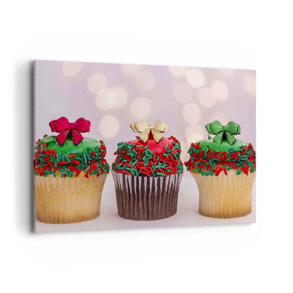 Bild auf Leinwand - Leinwandbild - Weihnachts-Cupcakes mit bunten Streuseln und Schleifen - 120x80cm - Süßigkeiten bis zu der Schleife - Moderne Wanddekoration für Wohnzimmer und Schlafzimmer ARTTOR