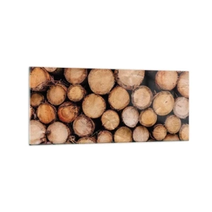 Glasbild - Bild auf glas - Stapel gefällter Baumstämme in harmonischer Anordnung - 120x50cm - Ein neuer Anfang - Moderne Wanddekoration für Wohnzimmer und Schlafzimmer ARTTOR