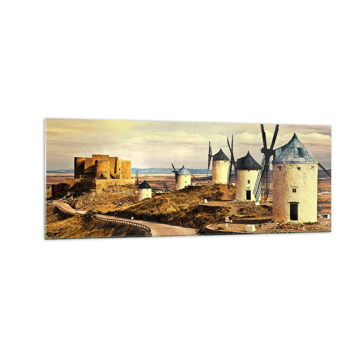 Glasbild - Bild auf glas - Windmühlen auf den Hügeln mit einer historischen Burg im Hintergrund - 140x50cm - Don Quijote kommt gleich - Moderne Wanddekoration für Wohnzimmer und Schlafzimmer ARTTOR