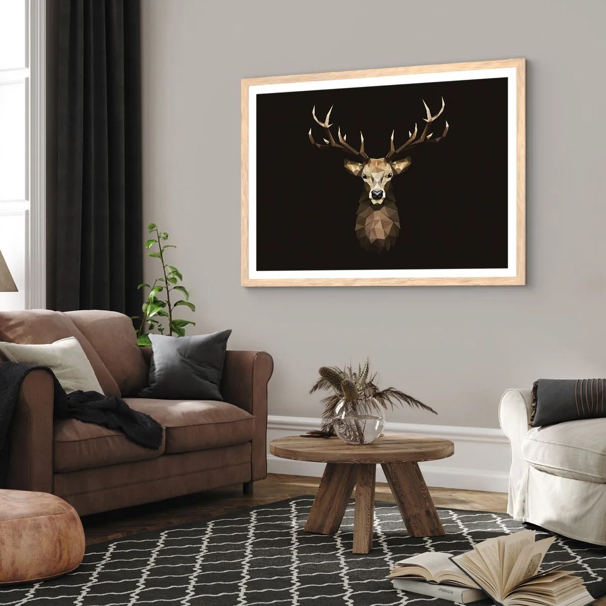 Poster in einem Rahmen aus heller Eiche - Kubistischer Hirsch - 91x61 cm