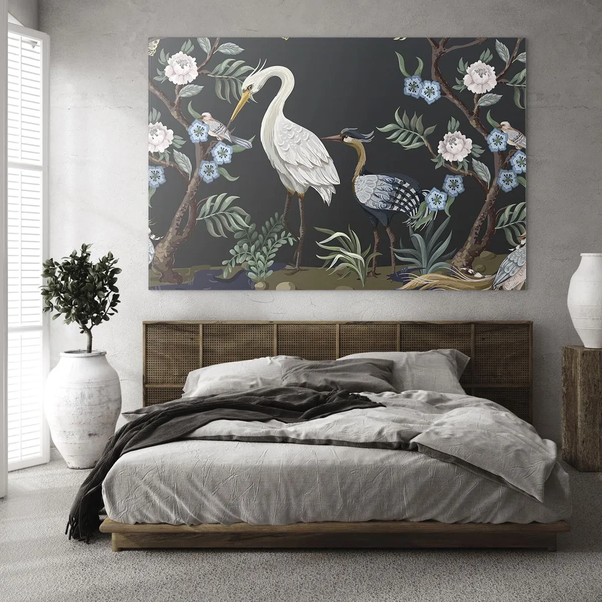 Glasbild - Bild auf glas - Bunte Vögel zwischen blühenden Zweigen vor dunklem Hintergrund - 120x80cm - Vogelparade - Moderne Wanddekoration für Wohnzimmer und Schlafzimmer ARTTOR