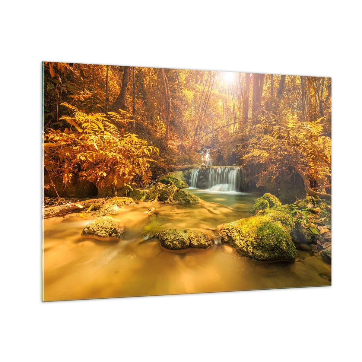 Glasbild - Bild auf glas - Waldkaskade in Gold - 100x70cm - Waldkaskade in Gold - Moderne Wanddekoration für Wohnzimmer und Schlafzimmer ARTTOR