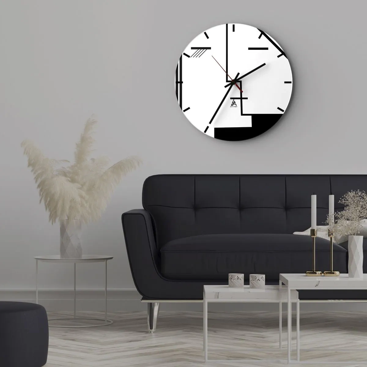 Wanduhr - Glasuhr - Minimalistische Schwarz-Weiß-Grafiken mit geometrischen Linien - 30x30cm - Einfach ein Kuss - Moderne Wanddekoration für Wohnzimmer, Küche und Schlafzimmer ARTTOR