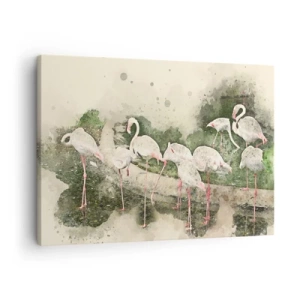Bild auf Leinwand - Leinwandbild - Flamingos in ihrer natürlichen Umgebung im Aquarellstil - 70x50cm - Exotischer Traum - Moderne Wanddekoration für Wohnzimmer und Schlafzimmer ARTTOR