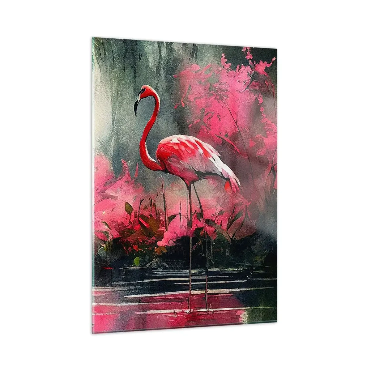 Glasbild - Bild auf glas - Zwei Flamingos in tropischer Umgebung am Wasser - 50x70cm - Lektion in natürlicher Anmut - Moderne Wanddekoration für Wohnzimmer und Schlafzimmer ARTTOR