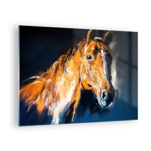 Glasbild - Bild auf glas - Portrait eines Pferdes in intensiven Brauntönen vor dunklem Hintergrund - 70x50cm - Also was, gehst du? - Moderne Wanddekoration für Wohnzimmer und Schlafzimmer ARTTOR