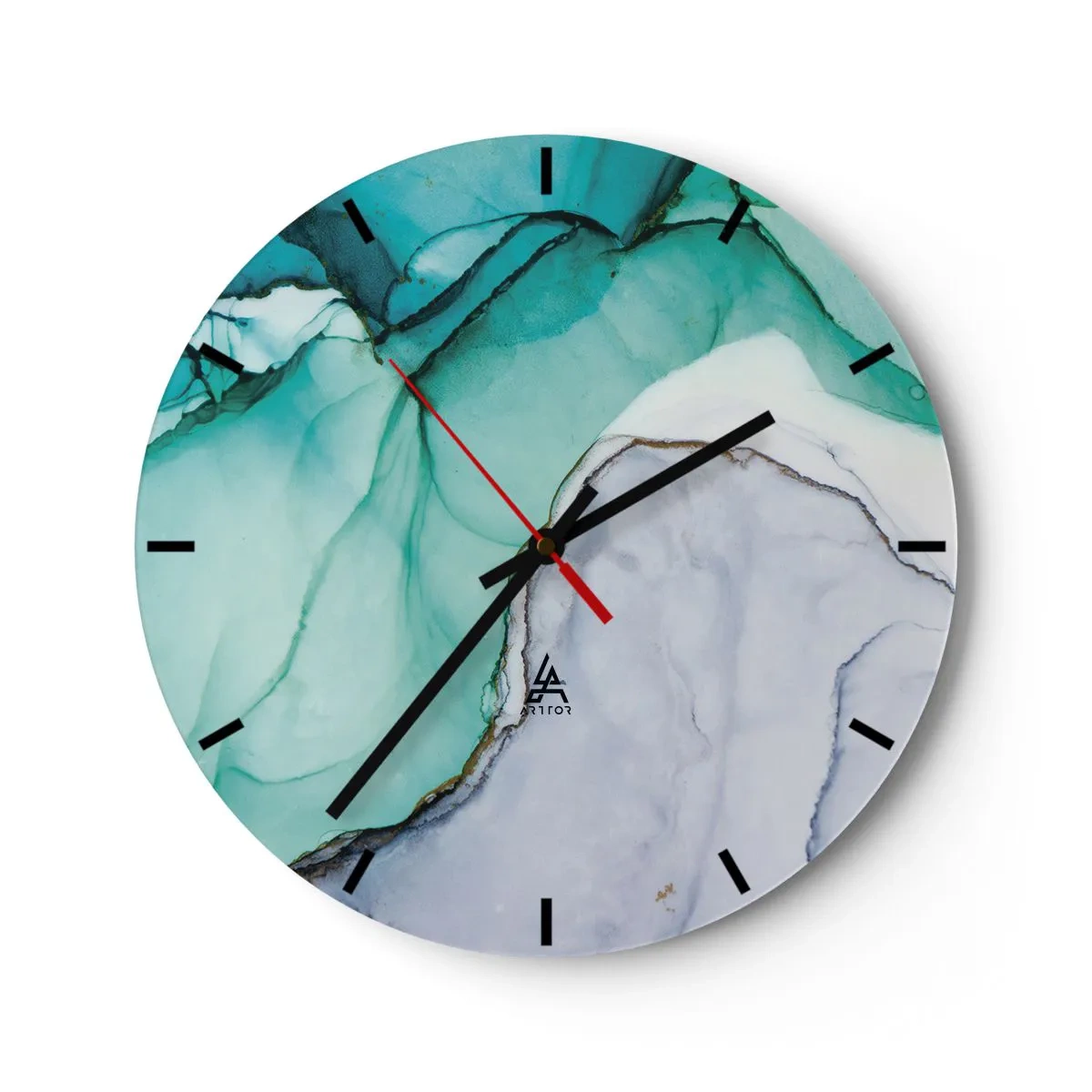 Wanduhr - Glasuhr - Eine abstrakte Form in Türkis und Grau, die an Stein erinnert. - 30x30cm - Eine Studie in Türkis - Moderne Wanddekoration für Wohnzimmer, Küche und Schlafzimmer ARTTOR