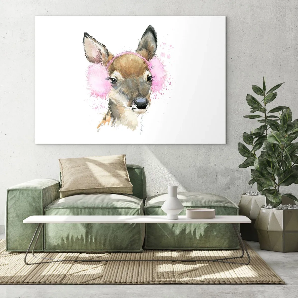 Glasbild - Bild auf glas - Ein Reh mit rosa Pelz-Ohrenschützern - 100x70cm - Und der Frost ist nicht mehr schrecklich - Moderne Wanddekoration für Wohnzimmer und Schlafzimmer ARTTOR