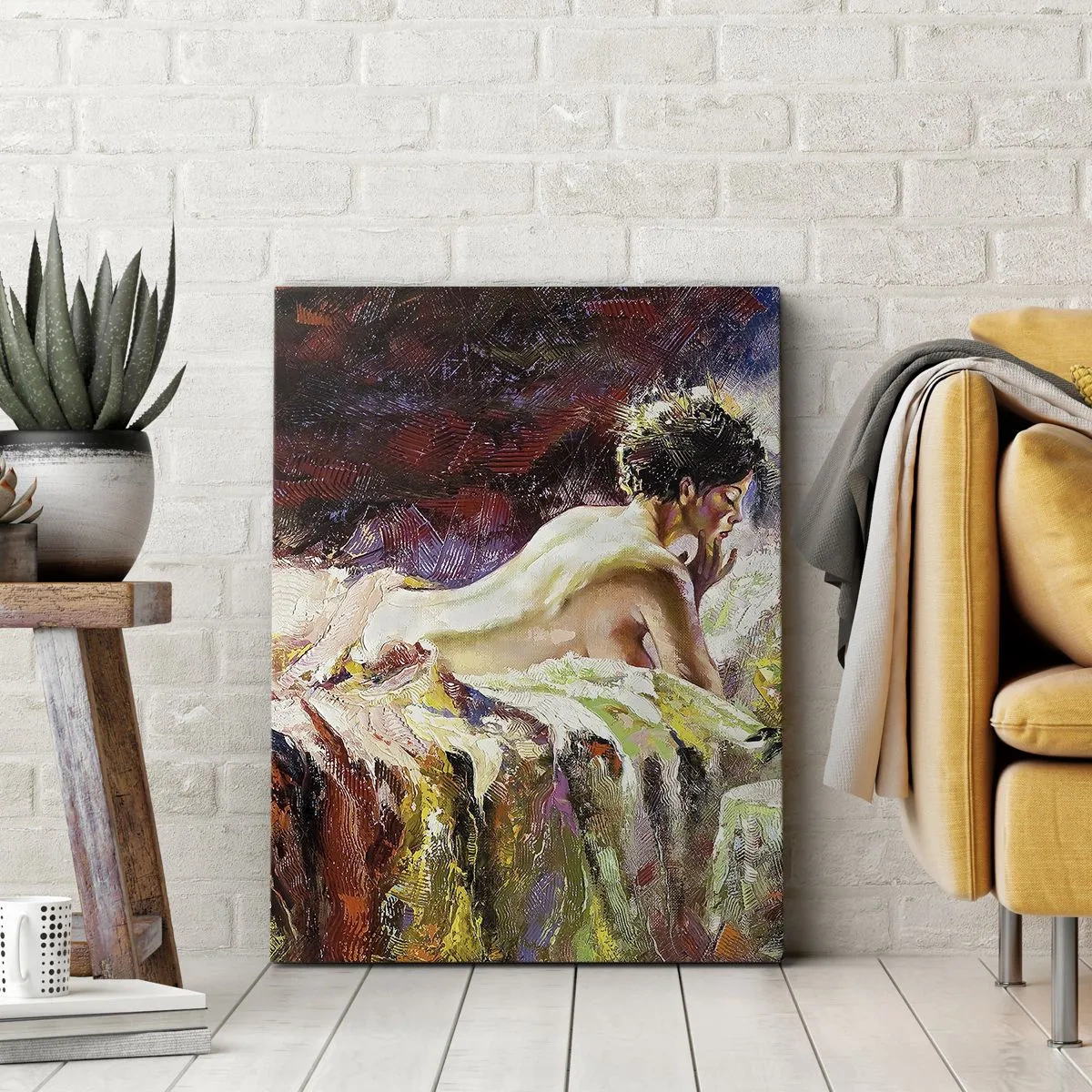Bild auf Leinwand - Leinwandbild - Eine Frau liegt auf einem Bett vor einem Hintergrund aus abstrakten Farben. - 50x70cm - Venus in Gedanken - Moderne Wanddekoration für Wohnzimmer und Schlafzimmer ARTTOR