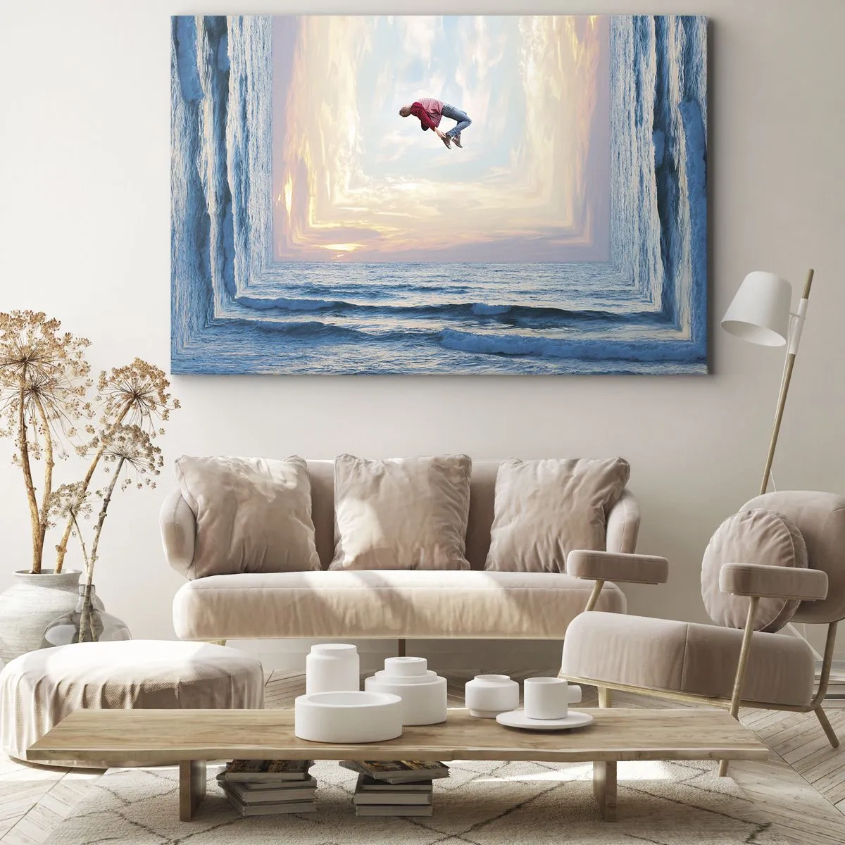 Bild auf Leinwand - Leinwandbild - Surrealer Sprung über das Meer im Rahmen - 120x80cm - In eine andere Dimension - Moderne Wanddekoration für Wohnzimmer und Schlafzimmer ARTTOR