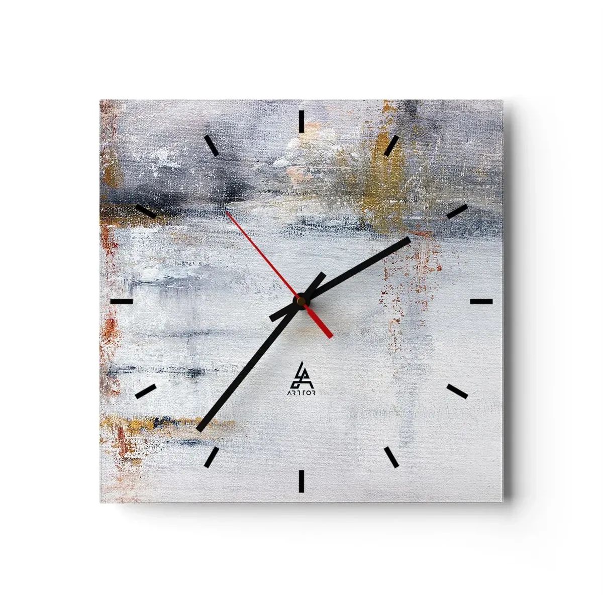 Wanduhr - Glasuhr - Eine abstrakte Landschaft mit verschwommenen Akzenten in Grau und Gold. - 30x30cm - Hinter dem Luftvorhang - Moderne Wanddekoration für Wohnzimmer und Schlafzimmer ARTTOR
