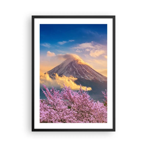 Poster in einem schwarzem Rahmen - Der Fuji, umgeben von Kirschblüten bei Sonnenuntergang - 50x70cm - Japanische Heiligkeit - Moderne Wanddekoration für Wohnzimmer und Schlafzimmer ARTTOR