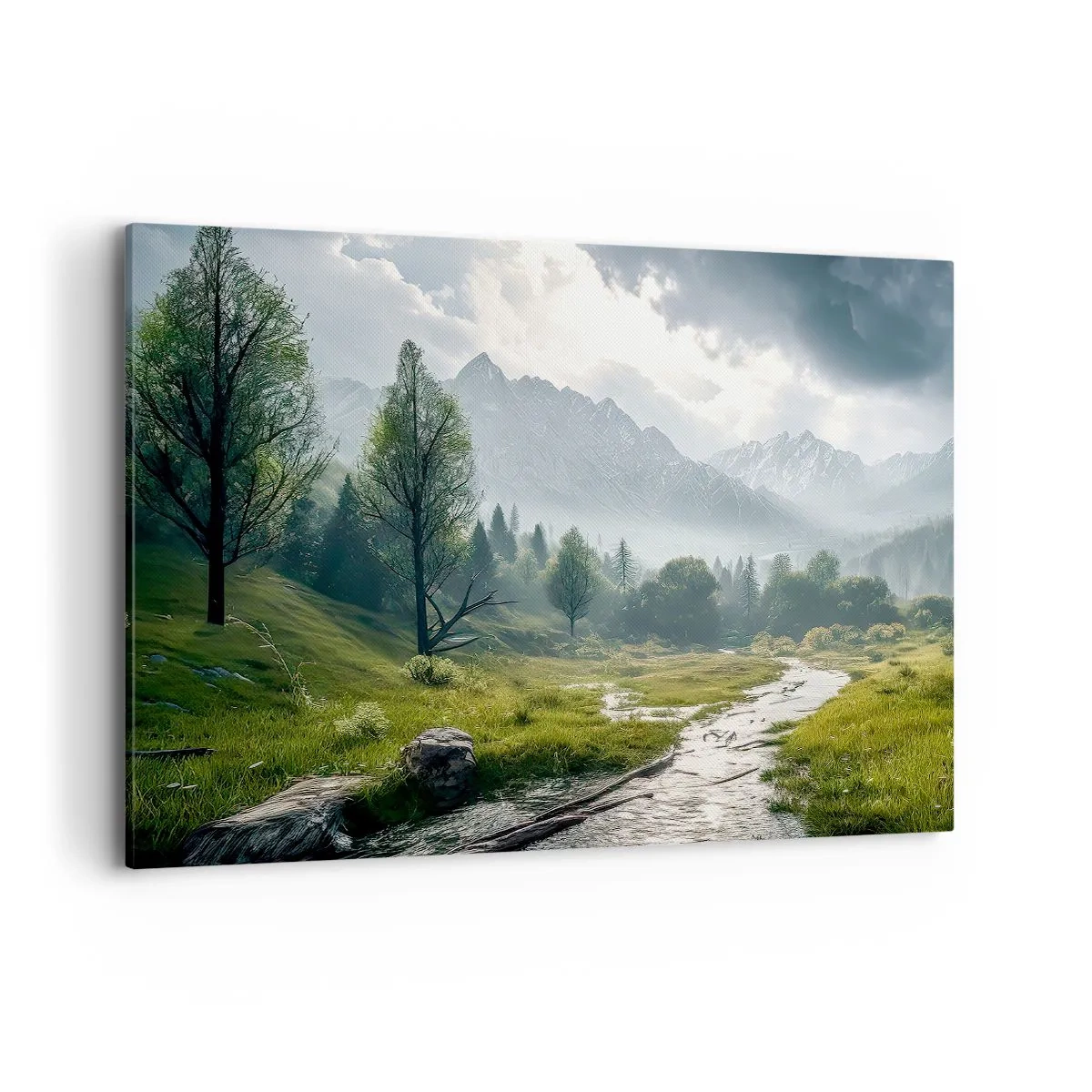 Bild auf Leinwand - Leinwandbild - Eine Berglandschaft mit einem Fluss und Bäumen, umgeben von nebligen Bergen - 100x70cm - Hin und zurück - Moderne Wanddekoration für Wohnzimmer und Schlafzimmer ARTTOR