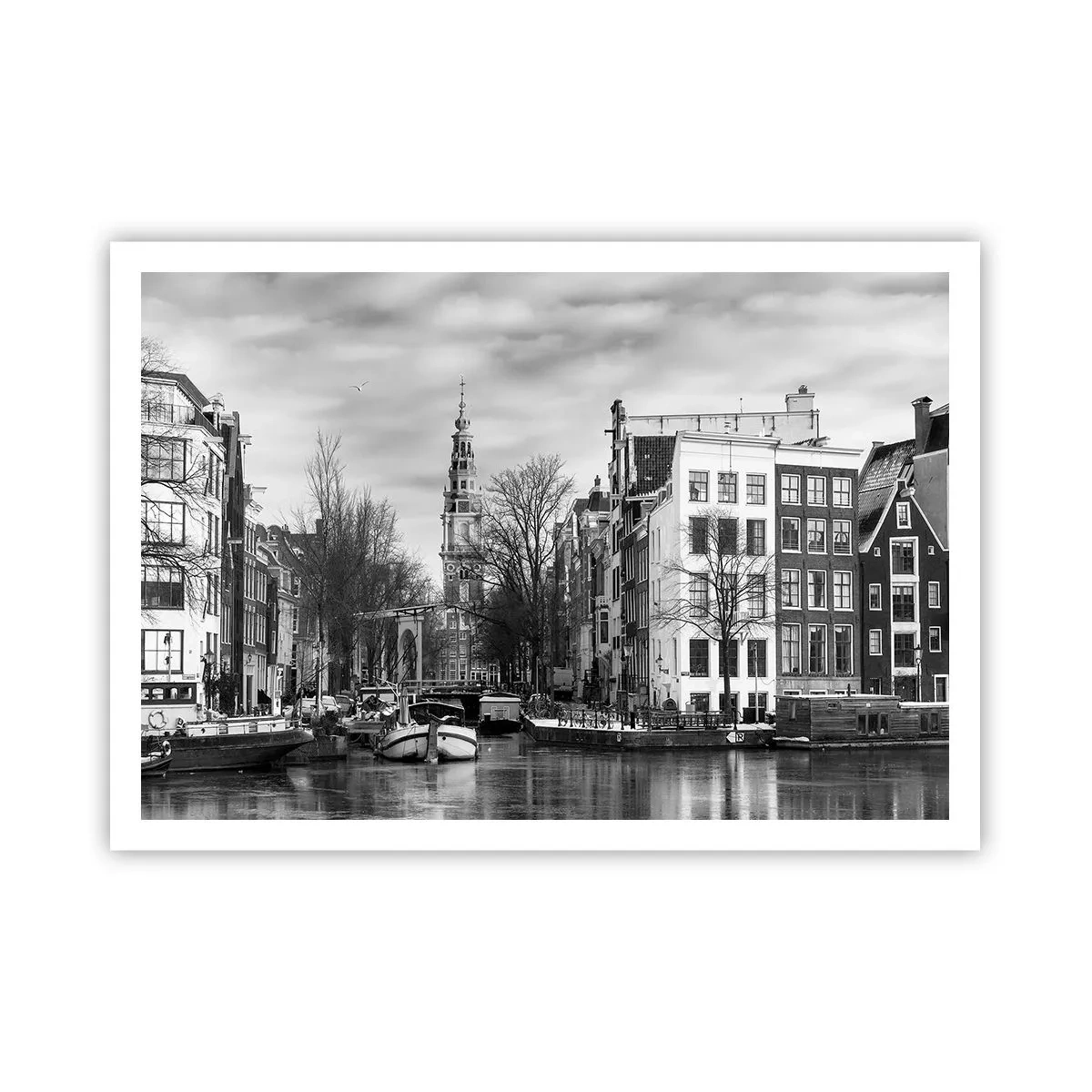 Poster - Schwarz-Weiß-Panorama von Amsterdam mit Kanal und historischen Gebäuden - 100x70cm - Amsterdamer Atmosphäre - Moderne Wanddekoration für Wohnzimmer und Schlafzimmer ARTTOR