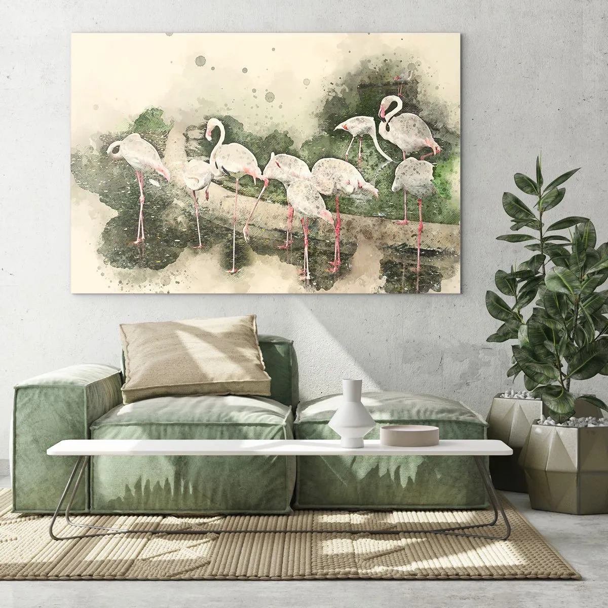Glasbild - Bild auf glas - Flamingos vor dem Hintergrund einer Aquarellkomposition - 70x50cm - Exotischer Traum - Moderne Wanddekoration für Wohnzimmer und Schlafzimmer ARTTOR