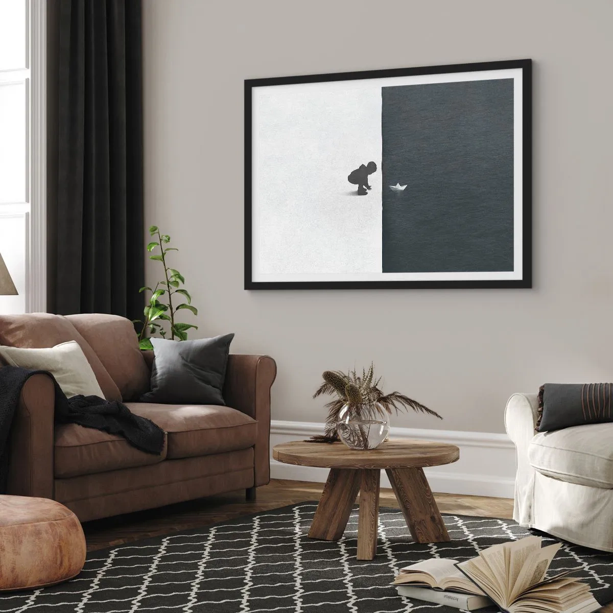 Poster in einem schwarzem Rahmen - Eine Kinderfigur mit einem Papierboot vor einem Hintergrund aus kontrastierenden Hälften - 70x50cm - Tolle Expedition - Moderne Wanddekoration für Wohnzimmer und Schlafzimmer ARTTOR