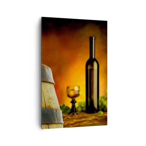 Bild auf Leinwand - Leinwandbild - Trauben auf einem Weinfass mit warmer Farbgebung im Hintergrund - 80x120cm - Stillleben mit einer Flasche Wein und einer Weintraube - Moderne Wanddekoration für Wohnzimmer und Schlafzimmer ARTTOR