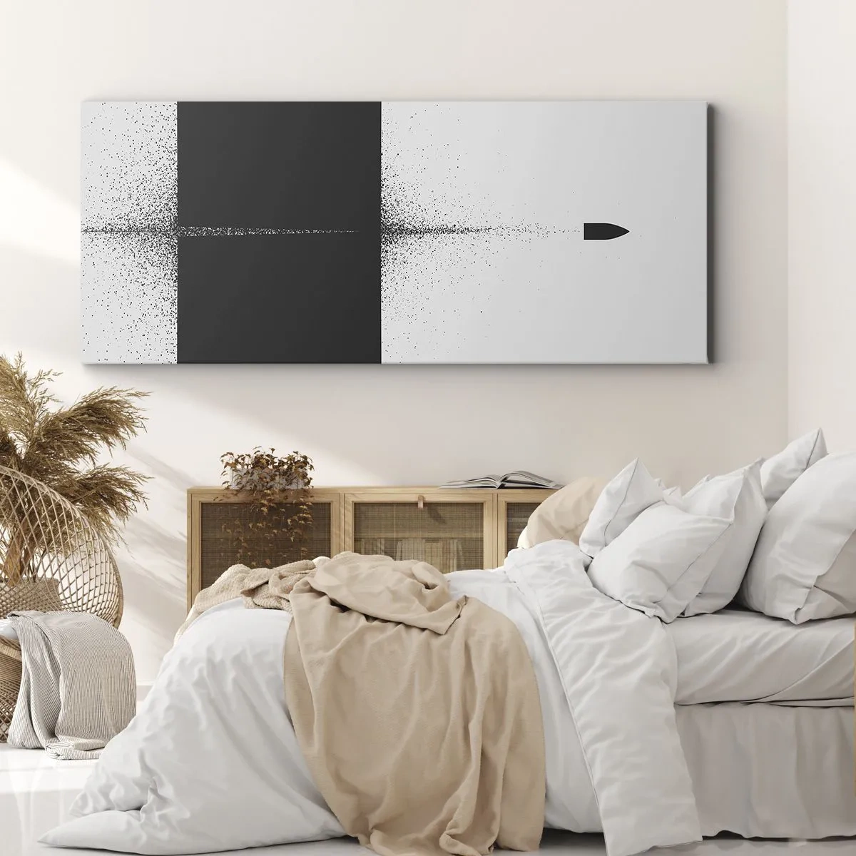 Bild auf Leinwand - Leinwandbild - Ein symbolisches Projektil im minimalistischen, abstrakten Stil. - 120x50cm - Direkt zum Ziel - Moderne Wanddekoration für Wohnzimmer und Schlafzimmer ARTTOR