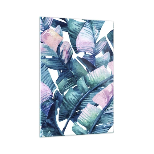 Glasbild - Bild auf glas - Bananenblätter in Blau- und Rosatönen - 70x100cm - In einem Bananenhain - Moderne Wanddekoration für Wohnzimmer und Schlafzimmer ARTTOR