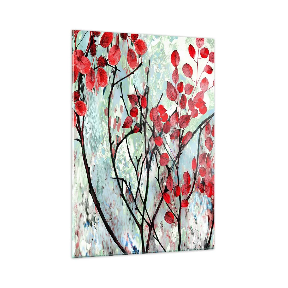 Glasbild - Bild auf glas - Zweige mit roten Blättern auf gemaltem Hintergrund - 50x70cm - Baum in Scharlachrot - Moderne Wanddekoration für Wohnzimmer und Schlafzimmer ARTTOR
