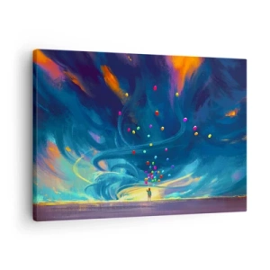 Bild auf Leinwand - Leinwandbild - Eine Figur mit Luftballons vor einem Hintergrund wirbelnder, bunter Wolken - 70x50cm - Zum blauen Wind - Moderne Wanddekoration für Wohnzimmer und Schlafzimmer ARTTOR