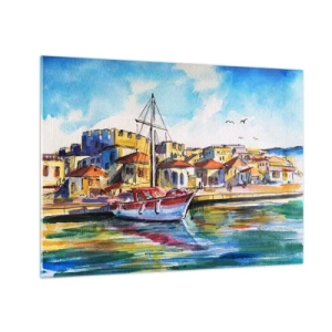 Glasbild - Bild auf glas - Ein farbenfroher Yachthafen mit einem Segelboot und mediterraner Architektur - 70x50cm - Regenbogennachmittag - Moderne Wanddekoration für Wohnzimmer und Schlafzimmer ARTTOR