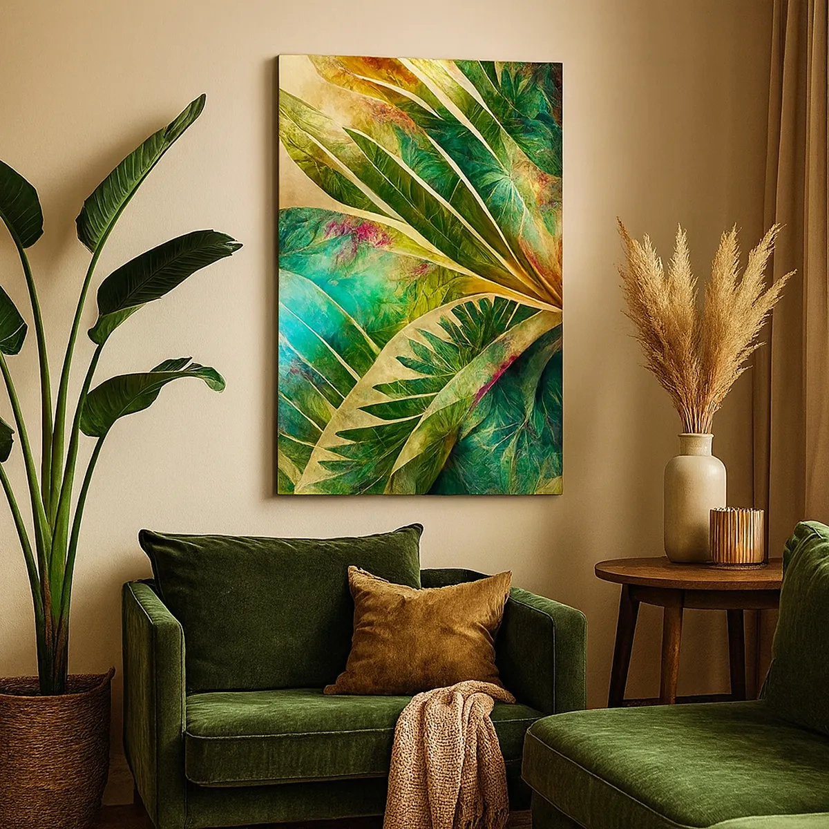 Bild auf Leinwand - Leinwandbild - Bunte tropische Blätter auf hellem Hintergrund - 50x70cm - Farben der Tropen - Moderne Wanddekoration für Wohnzimmer und Schlafzimmer ARTTOR