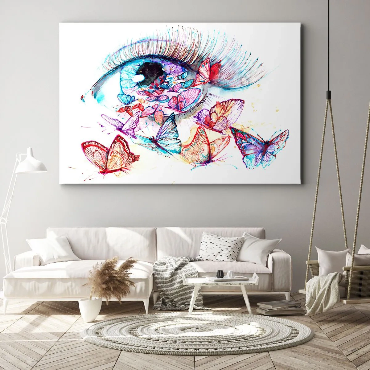 Bild auf Leinwand - Leinwandbild - Ein Aquarellauge, umgeben von bunten Schmetterlingen - 120x80cm - Märchenhafter Augenzauber - Moderne Wanddekoration für Wohnzimmer und Schlafzimmer ARTTOR