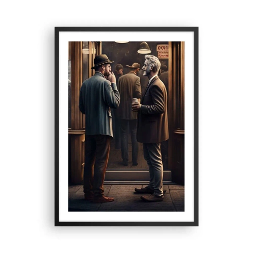 Poster in einem schwarzem Rahmen - Zwei elegante Männer unterhalten sich vor einem Café - 50x70cm - Gute Zeit des Tages - Moderne Wanddekoration für Wohnzimmer und Schlafzimmer ARTTOR