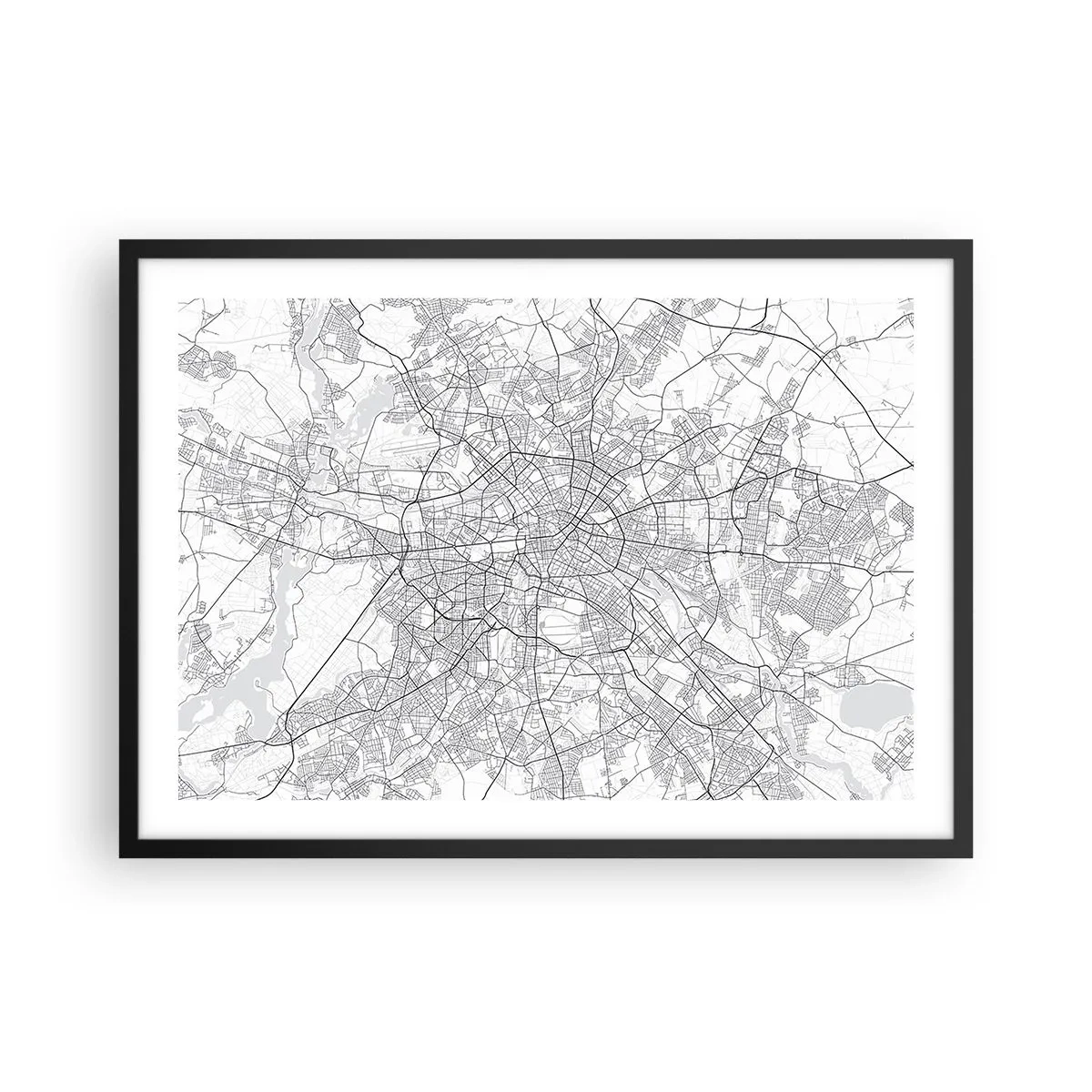 Poster in einem schwarzem Rahmen - Detaillierter schwarz-weißer Stadtplan - 70x50cm - Berliner Blume - Moderne Wanddekoration für Wohnzimmer und Schlafzimmer ARTTOR