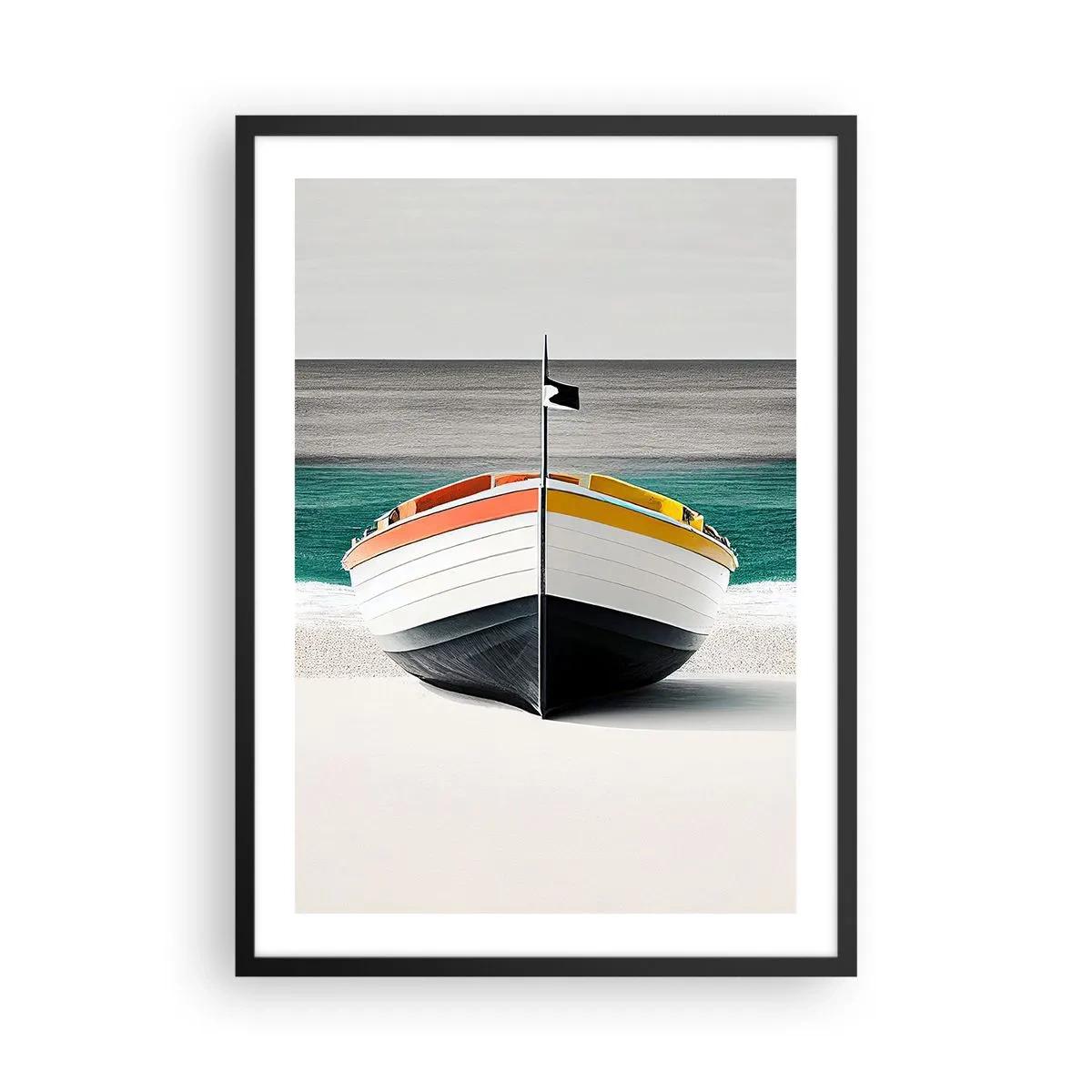 Poster in einem schwarzem Rahmen - Ein Farbfoto eines Bootes vor dem Hintergrund von Meer und Sand. - 50x70cm - An seinem Platz - Moderne Wanddekoration für Wohnzimmer und Schlafzimmer ARTTOR