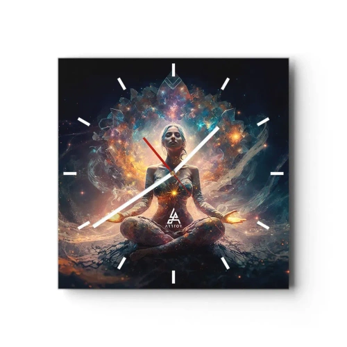 Wanduhr - Glasuhr - Eine meditierende Figur, umgeben von energetischen Mustern und Farben. - 30x30cm - Fluss guter Energie - Moderne Wanddekoration für Wohnzimmer und Schlafzimmer ARTTOR