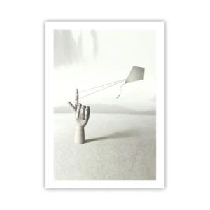 Poster - Eine Holzhand mit einem Drachen vor hellem Hintergrund - 50x70cm - Kraftprobe - Moderne Wanddekoration für Wohnzimmer und Schlafzimmer ARTTOR