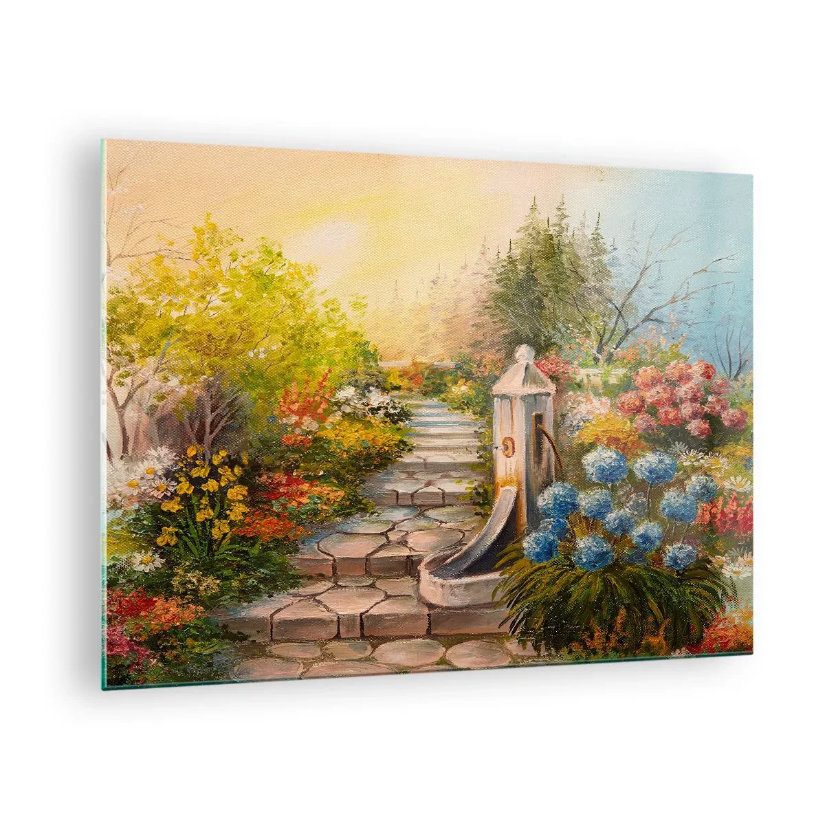 Glasbild - Bild auf glas - Ein Blumengarten mit einem Brunnen in voller Blüte - 70x50cm - In voller Blüte - Moderne Wanddekoration für Wohnzimmer und Schlafzimmer ARTTOR