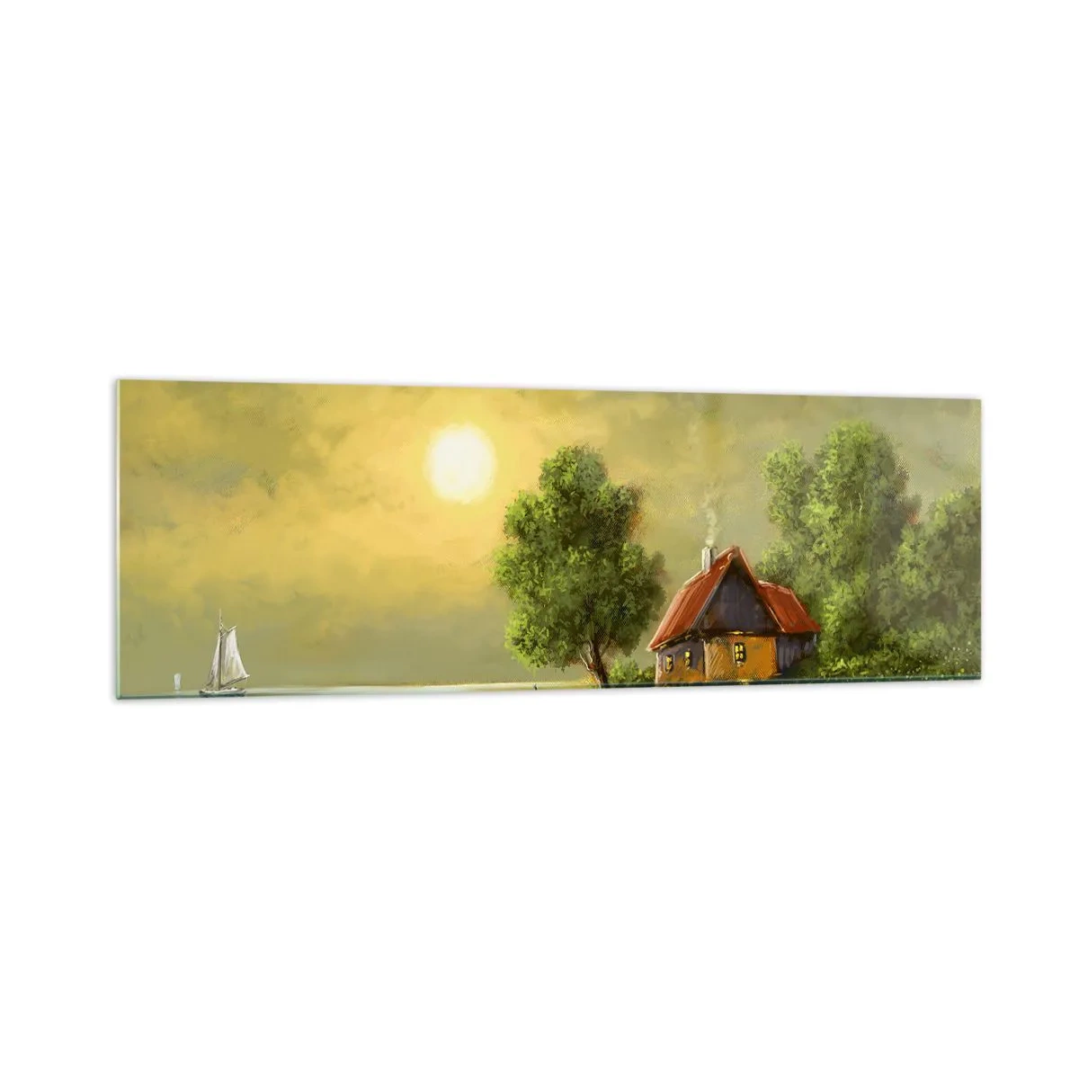 Glasbild - Bild auf glas - Seehaus im Abendlicht - 160x50cm - Schön, wie ein Bild - Moderne Wanddekoration für Wohnzimmer und Schlafzimmer ARTTOR