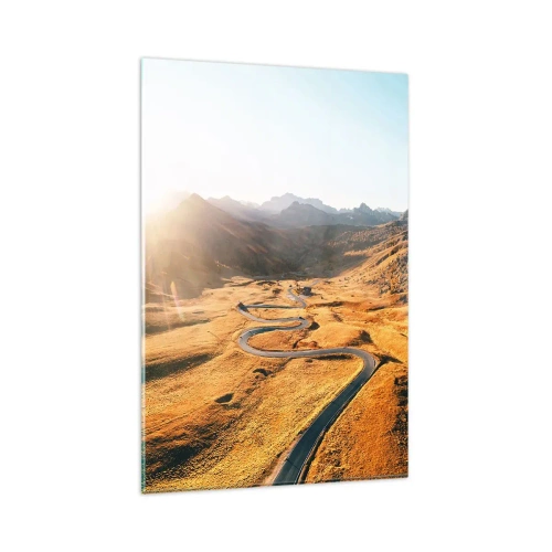 Glasbild - Bild auf glas - Eine kurvenreiche Straße in den Bergen, beleuchtet von der untergehenden Sonne - 80x120cm - In einem goldenen Tal - Moderne Wanddekoration für Wohnzimmer und Schlafzimmer ARTTOR