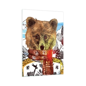 Glasbild - Bild auf glas - Ein Bär in Pullover und Schal mit einem Berghaus im Hintergrund - 70x100cm - Die Bärenhütte - Moderne Wanddekoration für Wohnzimmer und Schlafzimmer ARTTOR