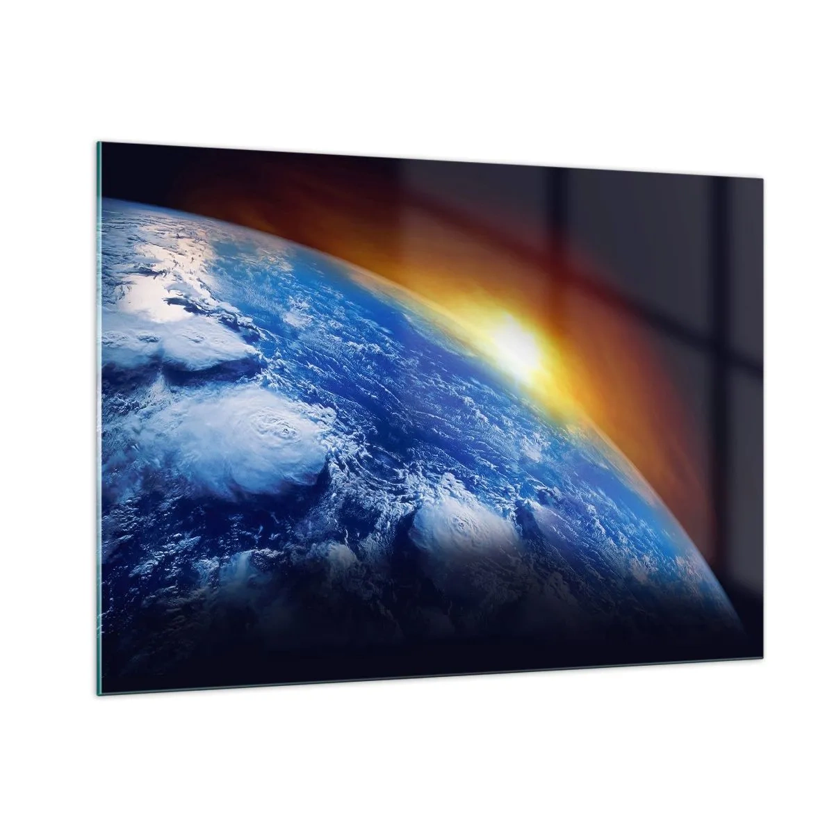 Glasbild - Bild auf glas - Erde im Weltraum, beleuchtet von den Sonnenstrahlen - 100x70cm - Sonnenaufgang über dem blauen Planeten - Moderne Wanddekoration für Wohnzimmer und Schlafzimmer ARTTOR