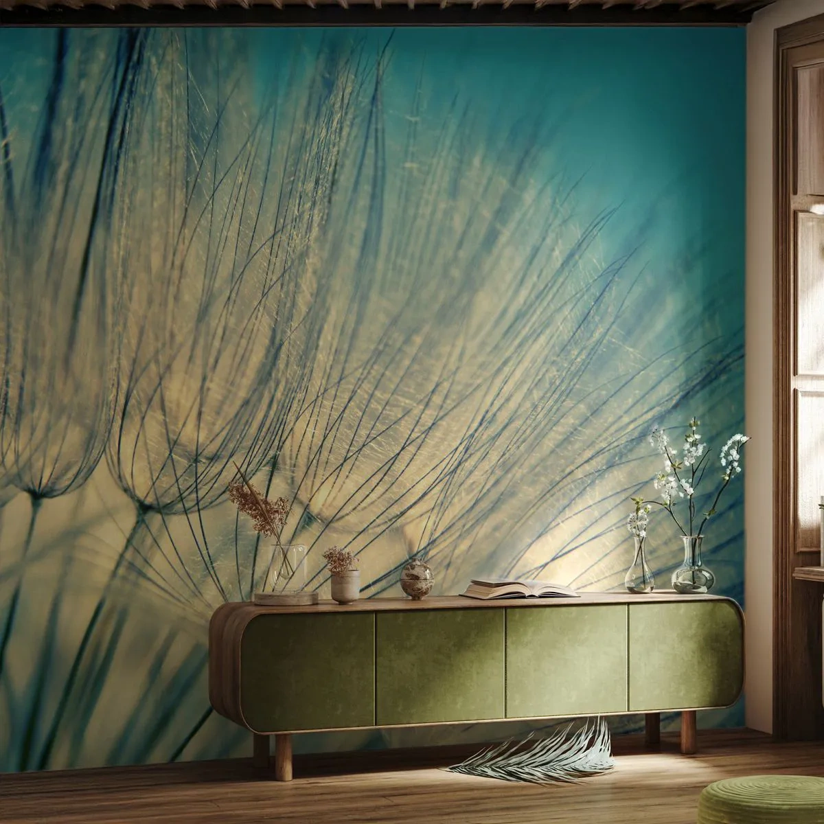 Fototapete Premium Sand - Makrofotografie von zarten Löwenzahnsamen - 100x70cm - In Erwartung des Windes - Moderne Wanddekoration für Wohnzimmer und Schlafzimmer ARTTOR