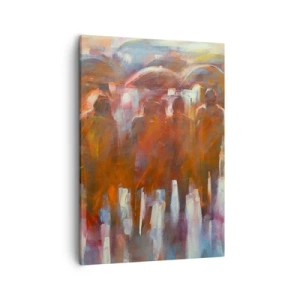 Bild auf Leinwand - Leinwandbild - Eine Menschenmenge mit Regenschirmen in einer regnerischen, künstlerischen Umgebung - 50x70cm - Auch bei Regen und Nebel - Moderne Wanddekoration für Wohnzimmer und Schlafzimmer ARTTOR