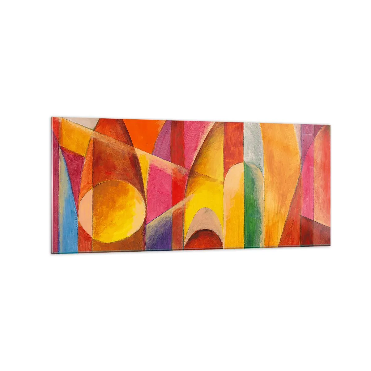 Glasbild - Bild auf glas - Eine abstrakte Komposition voller farbenfroher geometrischer Formen. - 120x50cm - Kathedrale der Sonne - Moderne Wanddekoration für Wohnzimmer und Schlafzimmer ARTTOR