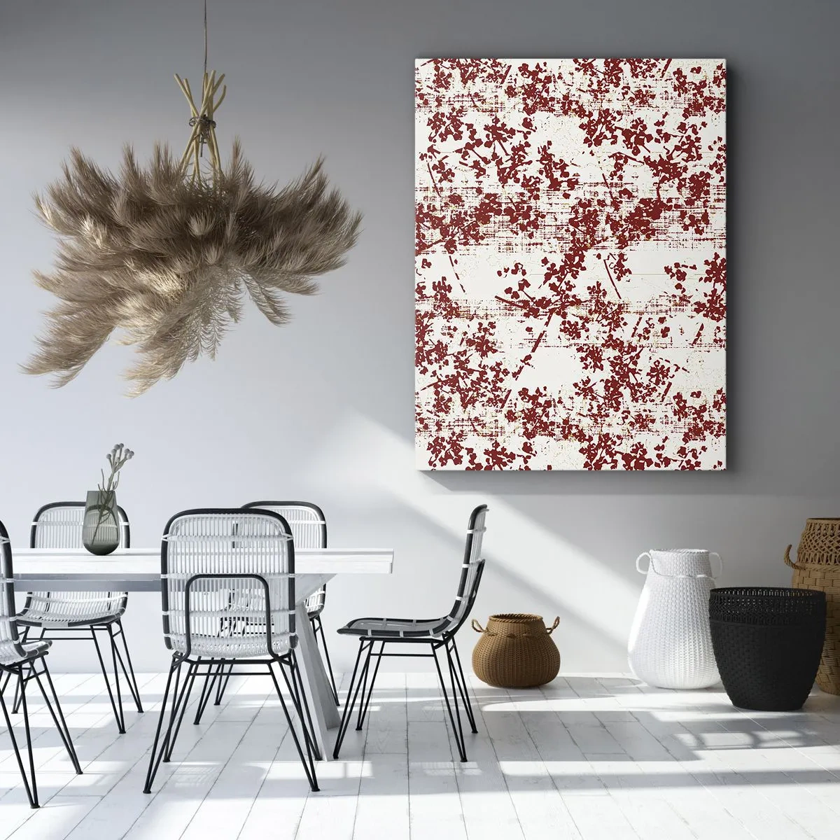 Bild auf Leinwand - Leinwandbild - Rote Blumen auf weißem Hintergrund im künstlerischen Stil - 50x70cm - Wie alter Perkal - Moderne Wanddekoration für Wohnzimmer und Schlafzimmer ARTTOR
