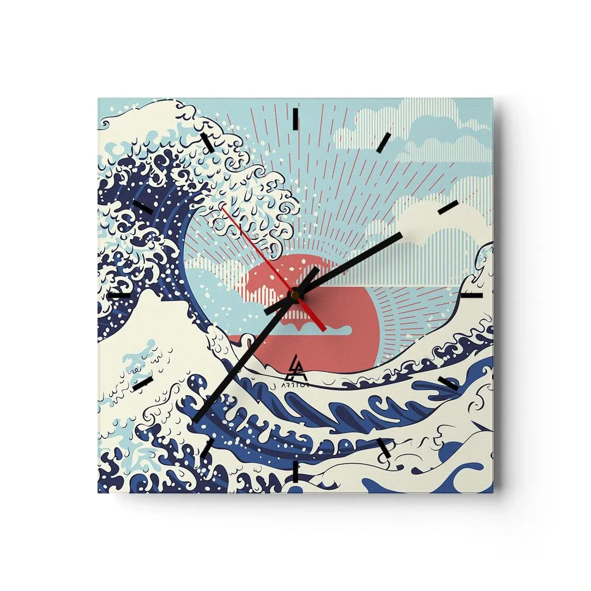 Wanduhr - Glasuhr - Meereswellen und ein Sonnenuntergang im japanischen Stil - 30x30cm - Von japanischer Inspiration - Moderne Wanddekoration für Wohnzimmer und Schlafzimmer ARTTOR