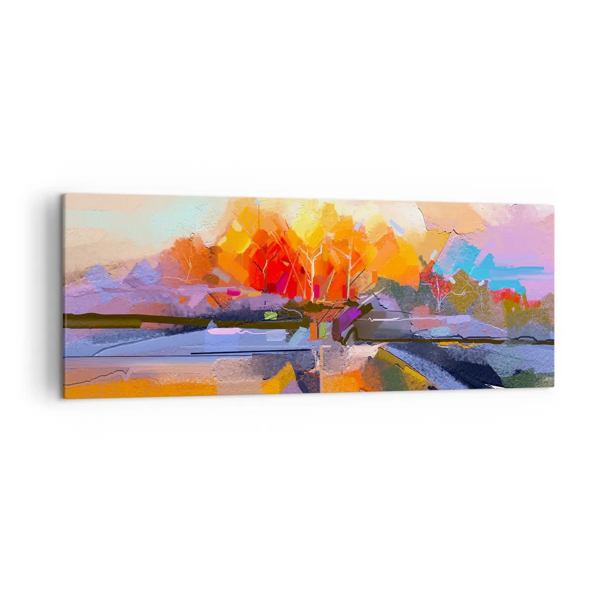 Bild auf Leinwand - Leinwandbild - Eine abstrakte Landschaft mit intensiven Herbstfarben. - 140x50cm - Der Herbst ist geworden - Moderne Wanddekoration für Wohnzimmer und Schlafzimmer ARTTOR