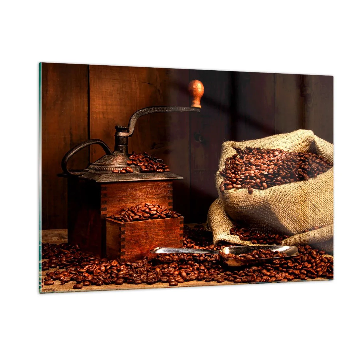 Glasbild - Bild auf glas - Eine alte Kaffeemühle mit Bohnen und einer Tüte Kaffee - 120x80cm - Stillleben mit Kaffeebohnen und einer Mühle - Moderne Wanddekoration für Wohnzimmer und Schlafzimmer ARTTOR