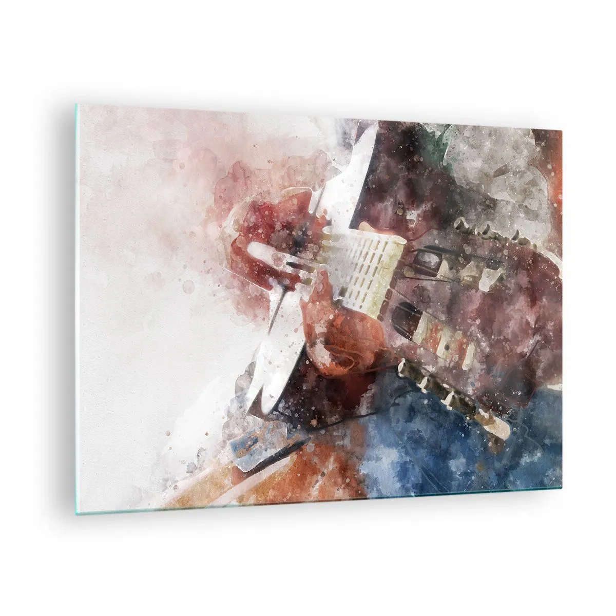 Glasbild - Bild auf glas - Ein Aquarell eines künstlerischen Gitarrenspielers - 70x50cm - Und was halten Sie davon? - Moderne Wanddekoration für Wohnzimmer und Schlafzimmer ARTTOR