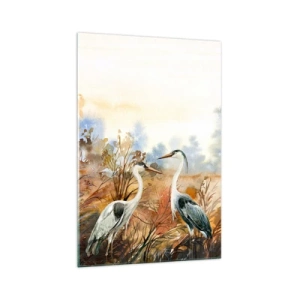 Glasbild - Bild auf glas - Zwei Reiher vor dem Hintergrund einer herbstlichen Landschaft - 70x100cm - Wohin im Herbst? - Moderne Wanddekoration für Wohnzimmer und Schlafzimmer ARTTOR